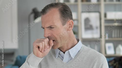 Cough, Portrait of Sick Middle Aged Man Coughing at Work