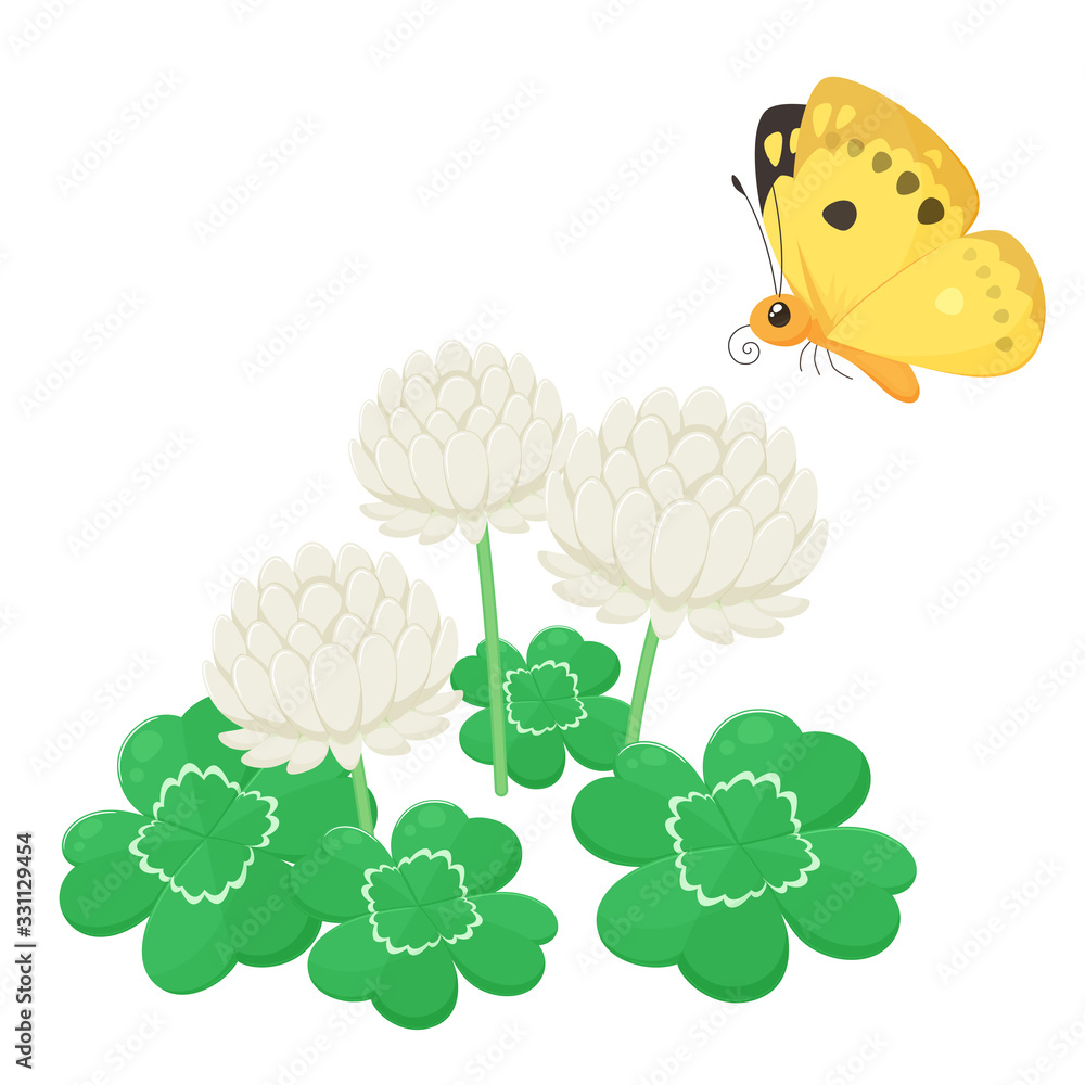 シロツメクサと四つ葉のクローバーのイラスト モンキチョウ Stock Vector Adobe Stock
