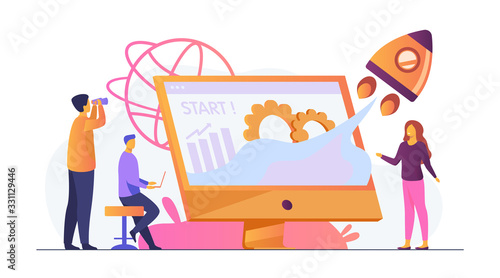Team starting project. Workgroup working on startup, launching rocket from monitor with growth chart. Vector illustration for new business idea concept