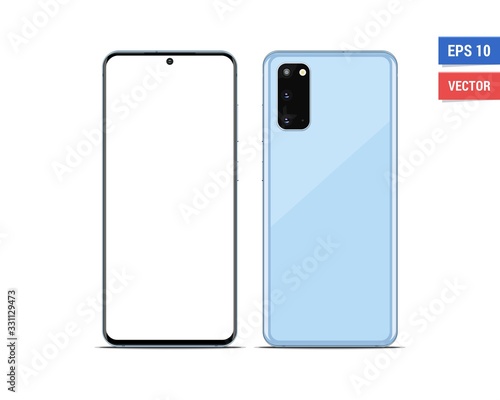 Realistic vector flat mock-up Samsung Galaxy S20 with blank screen isolated on white background. Scale image any resolution