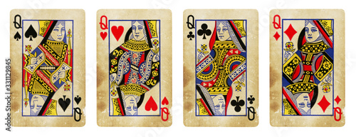 Four Queens Vintage Playing Cards - isolated on white photo