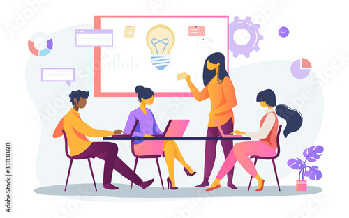 Business team discussing ideas for startup. Leader speaking at board with notes and lightbulb flat vector illustration. Corporate meeting concept for banner, website design or landing web page