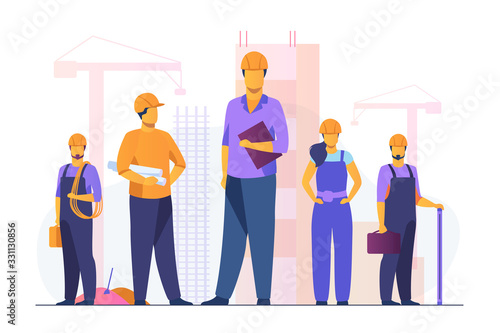 Construction team working on site. Builders, engineers, architects in helmets and overalls holding blueprints, toolkits, measuring tools. Vector illustration for building, engineering, labor