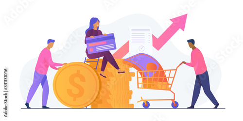 People investing their money in venture fund vector illustration. Business people financing high potential company innovation. Money transaction with credit card