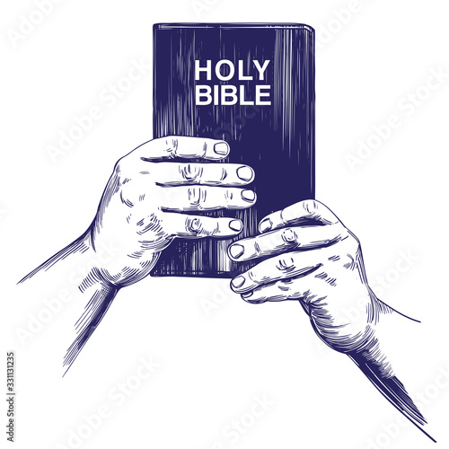 hands holding the Holy Bible, gospel, the doctrine of Christianity, symbol of Christianity hand drawn vector illustration sketch
