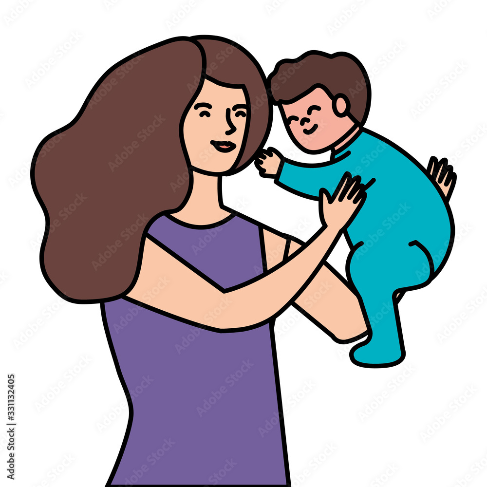 mother lifting baby boy avatar character vector illustration design