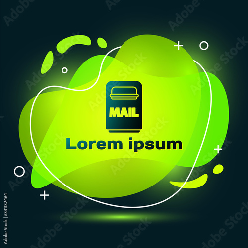 Black Mail box icon isolated on black background. Mailbox icon. Mail postbox on pole with flag. Abstract banner with liquid shapes. Vector Illustration