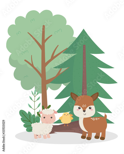camping cute deer sheep and chicken trunk forest trees cartoon