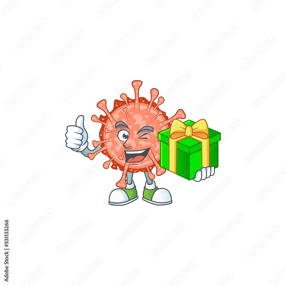 Cheerful bulbul coronavirus cartoon character holding a gift box Stock Vector | Adobe Stock Cheerful bulbul coronavirus cartoon character holding a gift box Stock Vector | Adobe Stock