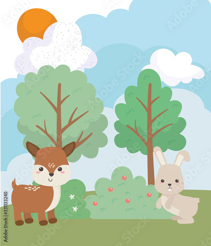camping cute rabbit and deer pine trees grass sun clouds cartoon