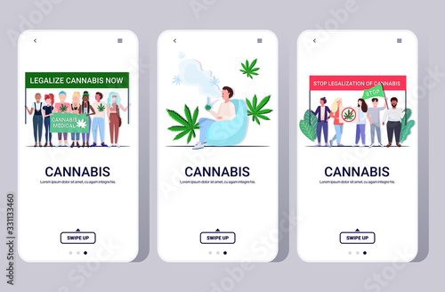 set mix race people holding protest posters man smoking bong medical marijuana cannabis legalization drugs consumption smartphone screens collection horizontal full length vector illustration