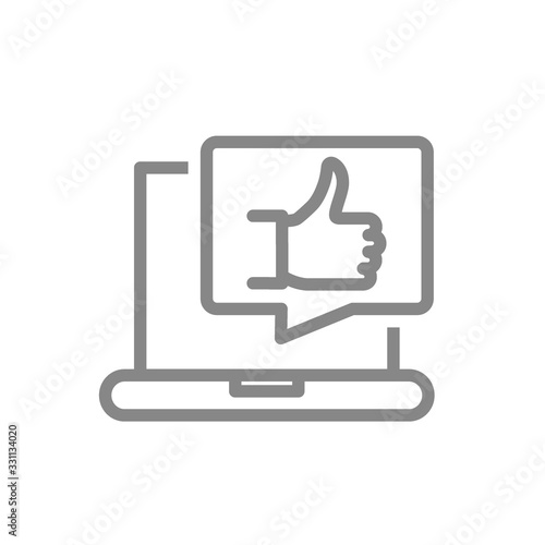Laptop with thumb up in speech bubble line icon. User feedback, message with like symbol