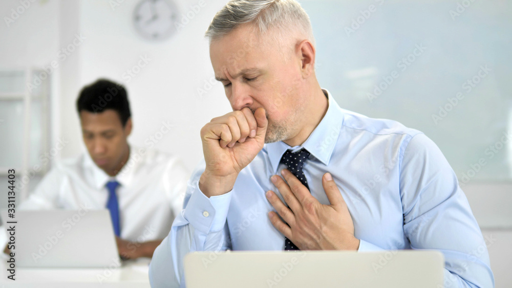 Cough, Sick Grey Hair Businessman Coughing at Work