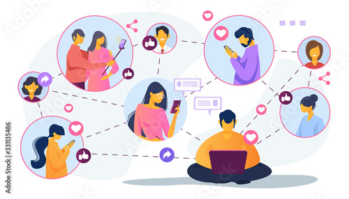 Social media network. Connected users taking pictures, posting, chatting flat vector illustration. Internet, connection, communication concept for banner, website design or landing web page