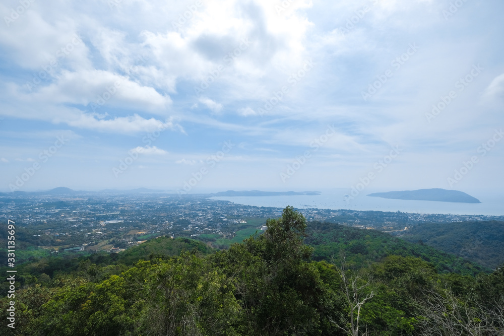 High view of the city and the ocean. Bird's-eye view of Paradise island. High view of the city and the ocean. Bird's-eye view of Paradise island.