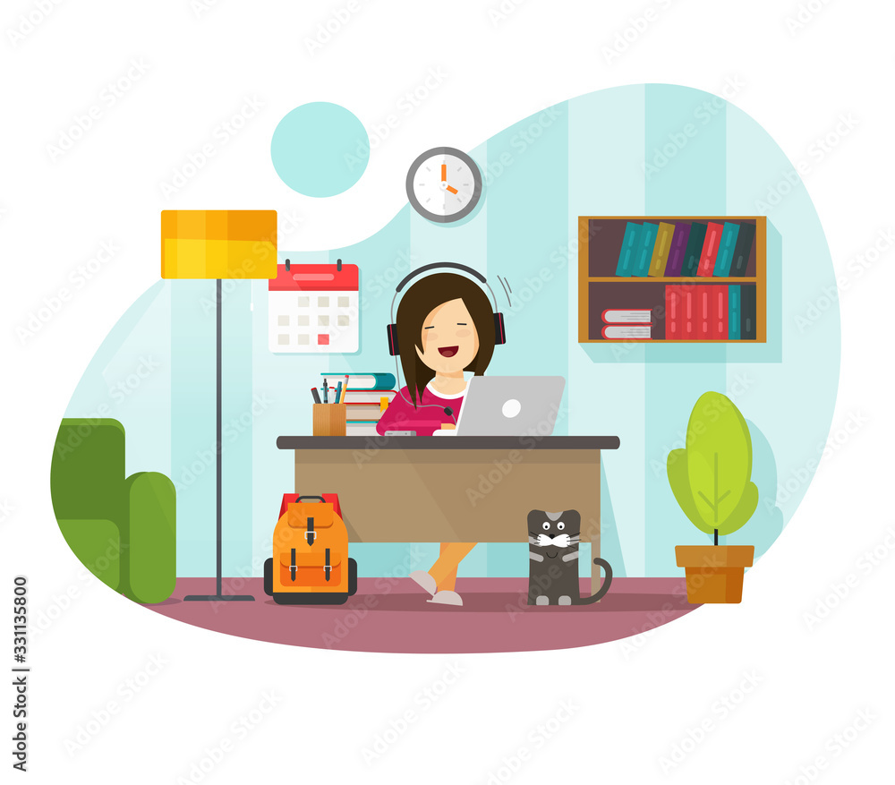 Working from home freelancer person sitting on table desk or girl character distance remote learning and studying online on laptop computer workplace in house room vector flat illustration