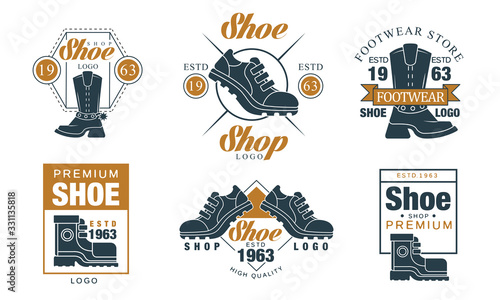 Premium Shoe Shop Logo Design Collection, Footwear Store Retro Badges Vector Illustration