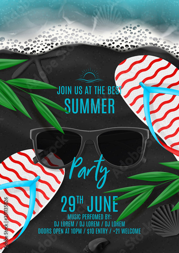 Summer party flyer template. Vector illustration with top view on ocean scene with flip flops, sea waves, tropical leaves, sunglasses on black volcanic sand. Invitation to nightclub.