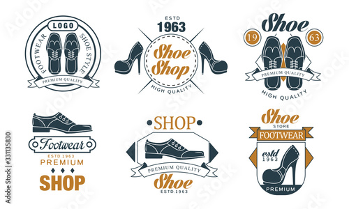 Footwear Store Logo Design Collection, Premium Shoe Shop Retro Badges Vector Illustration on White Background
