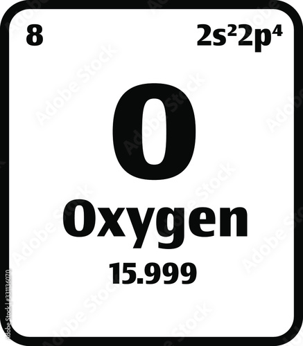 Oxygen (O) button on black and white background on the periodic table of elements with atomic number or a chemistry science concept or experiment.	