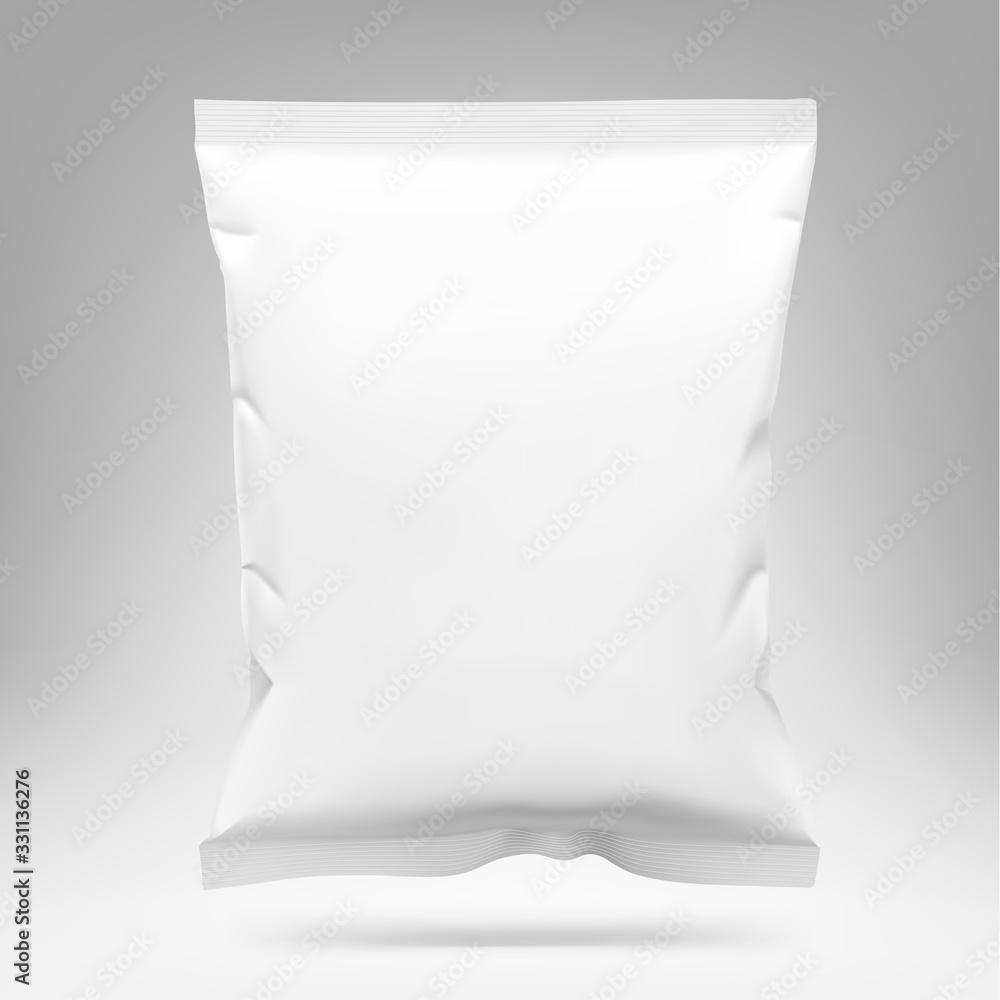 Food snack pillow bag. Vector illustration on grey background. Packaging mockup ready for your design. Can be use for schips, snack, coffee, tea, salt, flour and etc. EPS10. Food snack pillow bag. Vector illustration on grey background. Packaging mockup ready for your design. Can be use for schips, snack, coffee, tea, salt, flour and etc. EPS10.