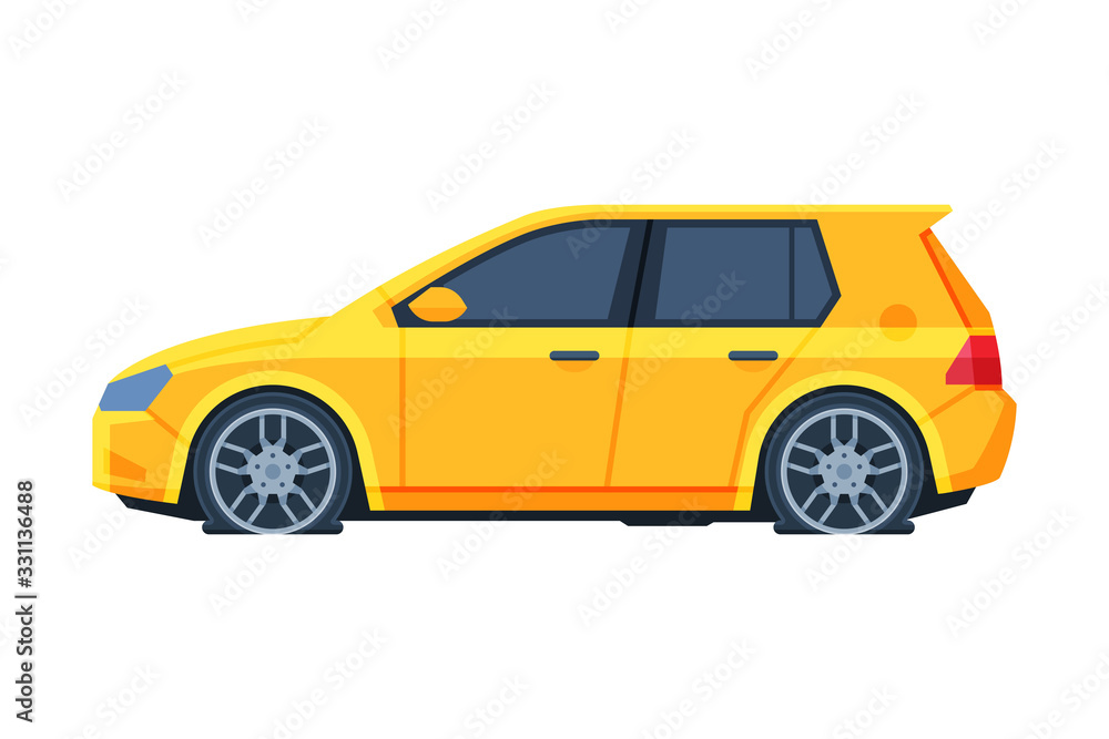 Yellow Car with Flat Tires, Side View, Road Accident Vector Illustration