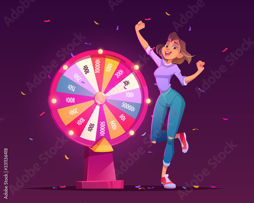 Wheel of fortune and lucky girl winner. Roulette of luck with arrow on jackpot in casino. Vector cartoon illustration of gambling game with money prize and winning woman