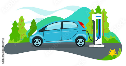 Vector of car being charged at the refueling power station with beautiful background. Perfect template for website and many more