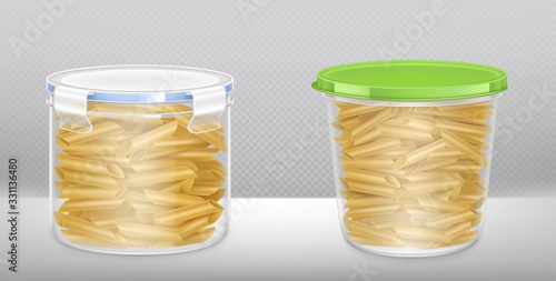 Pasta in clear package box closed by lid. Vector realistic mockup of penne macaroni in plastic container, kitchen bucket for dry products isolated on transparent background