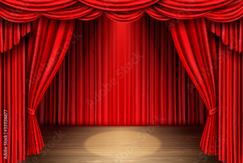 Red stage curtain and wooden floor realistic vector. Theater, opera scene drape backdrop, concert grand opening or cinema premiere backstage, portiere for ceremony performance template 3d illustration