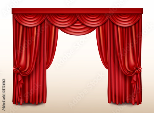 Red stage curtain for theater, realistic opera scene drape vector backdrop, concert grand opening or cinema premiere backstage, portiere for ceremony performance isolated template, 3d illustration