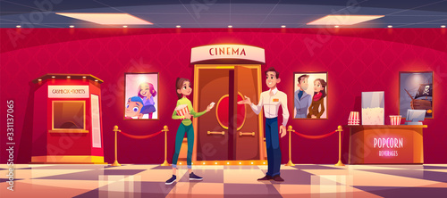 Woman visit cinema give ticket to man controller front of hall entrance. Young girl with popcorn stand in movie theater lobby with cashbox, film posters and red rope fence, cartoon vector illustration