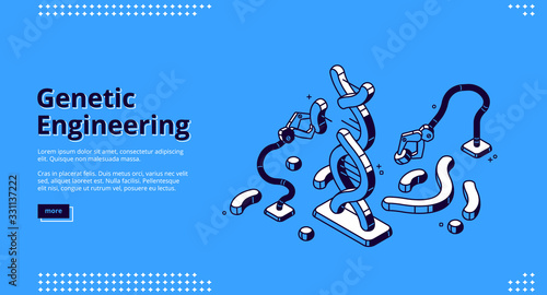 Genetic engineering isometric landing page, robotics arms manipulators changing dna structure in laboratory, futuristic biotechnologies and genom modification concept, 3d vector line art web banner