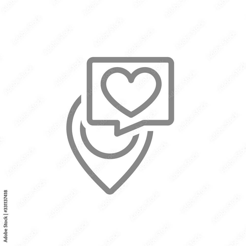 Location mark with heart in speech bubble line icon. Lovely place, love direction, like, rating, donation symbol Location mark with heart in speech bubble line icon. Lovely place, love direction, like, rating, donation symbol