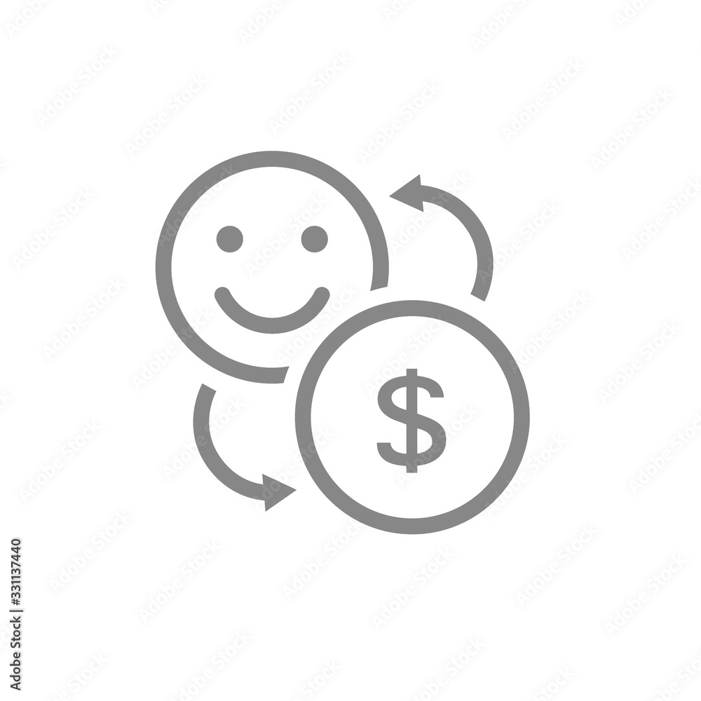 Exchange a coin for a happy face line icon. Happiness on money, positive feedback symbol Exchange a coin for a happy face line icon. Happiness on money, positive feedback symbol