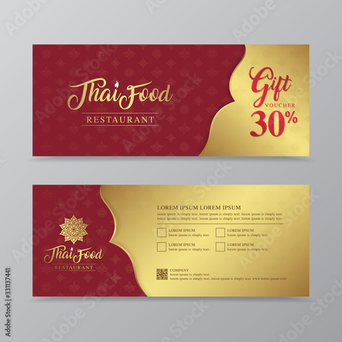 Thai food and thai restaurant luxury gift voucher design template for printing, flyers, poster, web, banner, brochure and card vector illustration