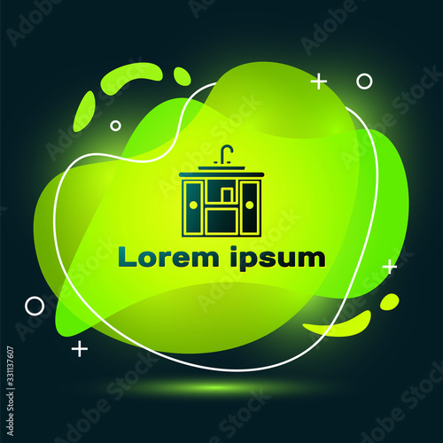 Black Washbasin cabinet with water tap icon isolated on black background. Abstract banner with liquid shapes. Vector Illustration
