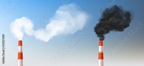Red white chimneys with smoke, pipes with steam set. Industrial smog clouds, factory or plant flues isolated on blu sky background, environmental air pollution concept realistic vector