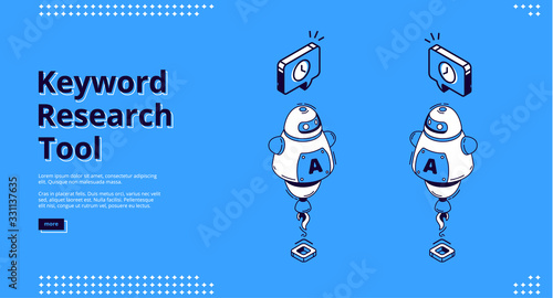 Keyword research tool isometric landing page. Ai robots with rocket engine and clock icons. Seo optimization, analysis service, artificial intelligence 3d vector illustration, line art web banner