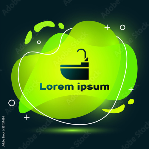 Black Washbasin with water tap icon isolated on black background. Abstract banner with liquid shapes. Vector Illustration