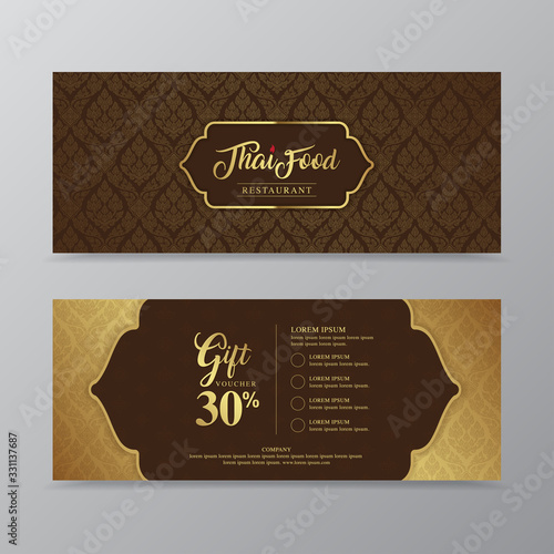 Thai food and thai restaurant luxury gift voucher design template for printing, flyers, poster, web, banner, brochure and card vector illustration