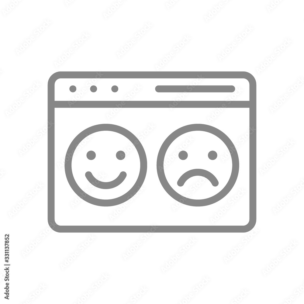 Webpage with happy and sad faces line icon. Website with positive and negative feedback symbol Webpage with happy and sad faces line icon. Website with positive and negative feedback symbol