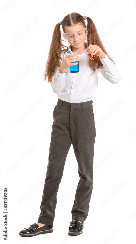 Cute little girl with laboratory glassware on white background Cute little girl with laboratory glassware on white background