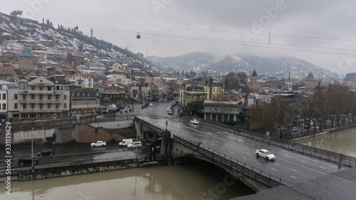 Tbilisi. Georgia country. March 2020. The old city. Salalaki District. Suddenly in mid-March it started to snow