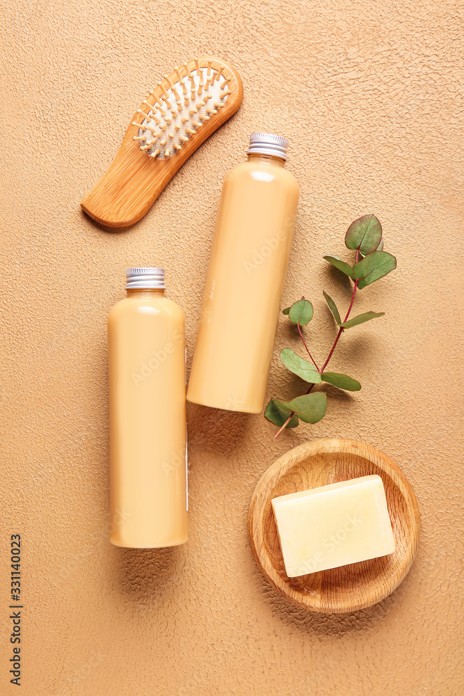 Shampoo, soap and brush on color background Shampoo, soap and brush on color background