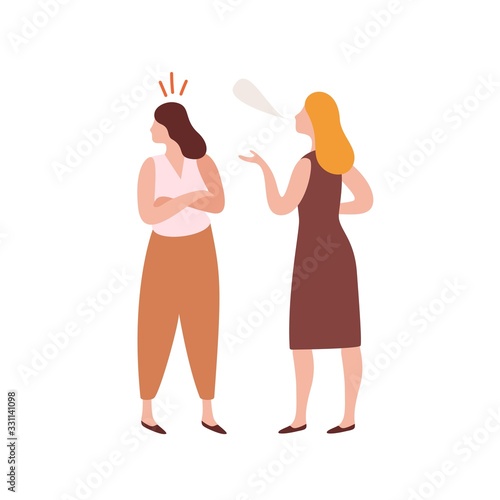 Abuser young woman talking with offended girl during conflict vector flat illustration. Quarrel of two female friends isolated on white background. Cartoon criticize person have disagreement