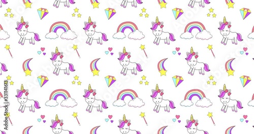 Cute unicorn, princess concept, girl beauty seamless pattern isolated on white background. Vector cartoon design. Magic unicorn, heart, rainbow, stars, diamond, Pop style 4K animation