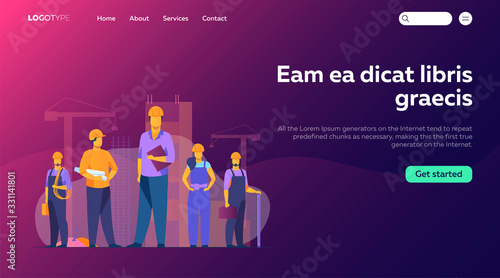 Construction team working on site. Builders, engineers, architects in helmets and overalls holding blueprints, toolkits, measuring tools. Vector illustration for building, engineering, labor
