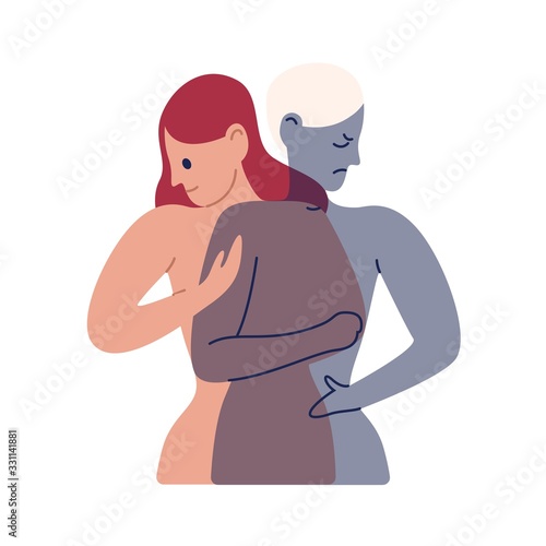 Cartoon woman with split personality psychiatric impairments isolated on white. Depressed female have shadow side vector flat illustration. Psychological problems, conditions and duality concept