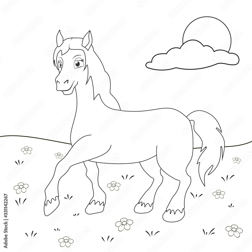 Coloring page outline of cartoon horse. Page for coloring book of funny foal for kids. Activity colorless picture about cute animals. Anti-stress page for child. Black and white vector illustration.
